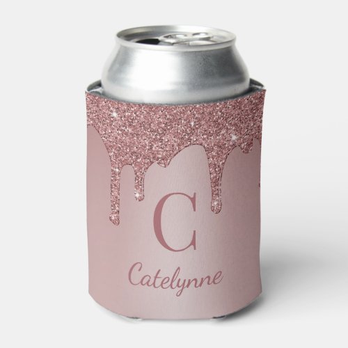 Girly Rose Gold Sparkle Glitter Drips Monogram Can Cooler