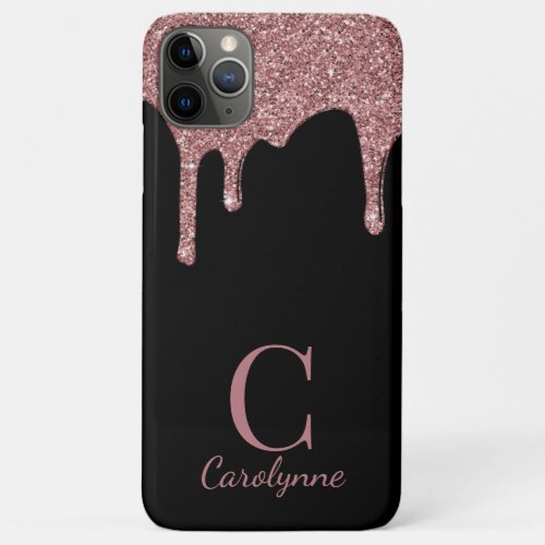 Girly Rose Gold Sparkle Glitter Drips Monogram iPhone 11 Pro Max Case