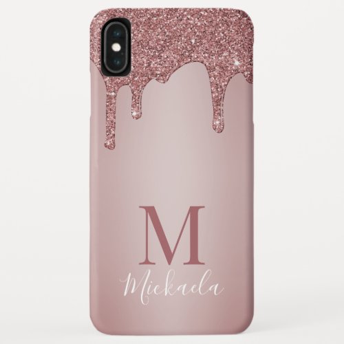 Girly Rose Gold Sparkle Glitter Drips Monogram iPhone XS Max Case