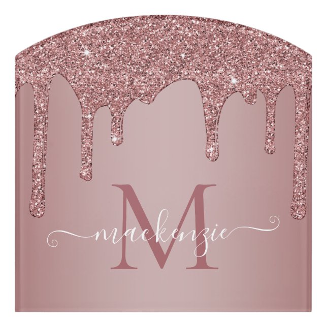 Girly Rose Gold Sparkle Glitter Drips Monogram Door Sign (Contour Front)