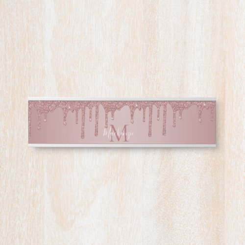 Girly Rose Gold Sparkle Glitter Drips Monogram Door Sign