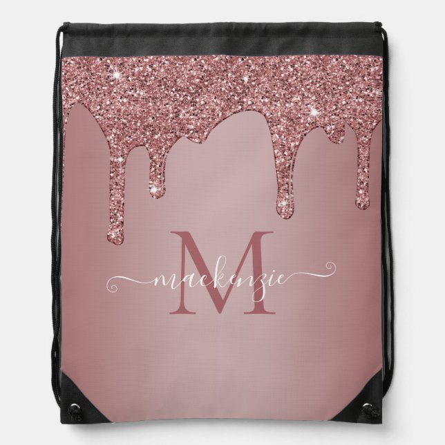 Girly Rose Gold Sparkle Glitter Drips Monogram Drawstring Bag (Front)