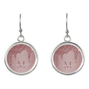 Girly Rose Gold Sparkle Glitter Drips Monogram Earrings