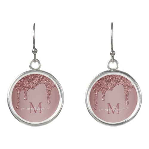 Girly Rose Gold Sparkle Glitter Drips Monogram Earrings