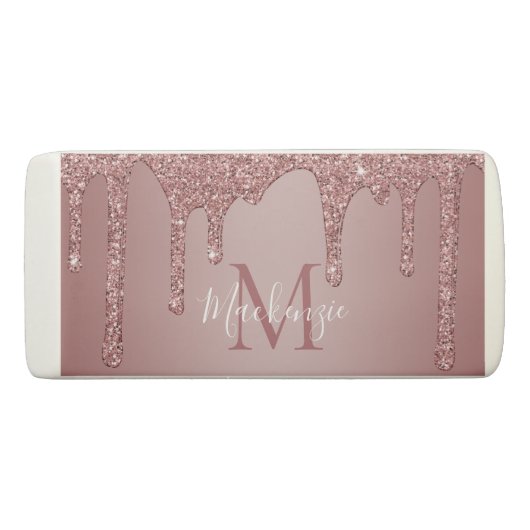 Girly Rose Gold Sparkle Glitter Drips Monogram Eraser (Back)