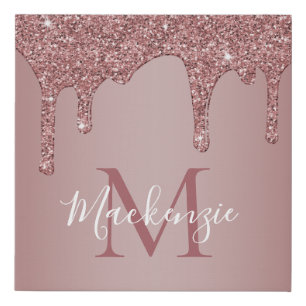 Girly Rose Gold Sparkle Glitter Drips Monogram Faux Canvas Print