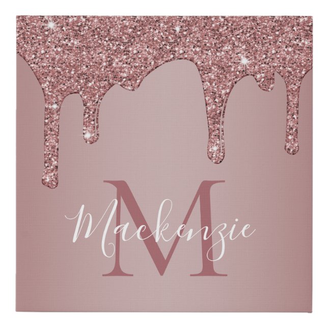 Girly Rose Gold Sparkle Glitter Drips Monogram Faux Canvas Print (Front)