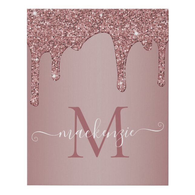 Girly Rose Gold Sparkle Glitter Drips Monogram Faux Canvas Print (Front)