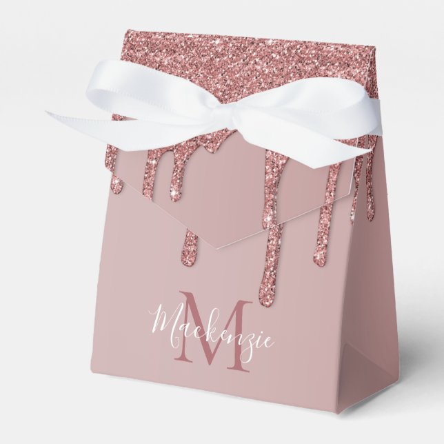 Girly Rose Gold Sparkle Glitter Drips Monogram Favor Boxes (Front Side)