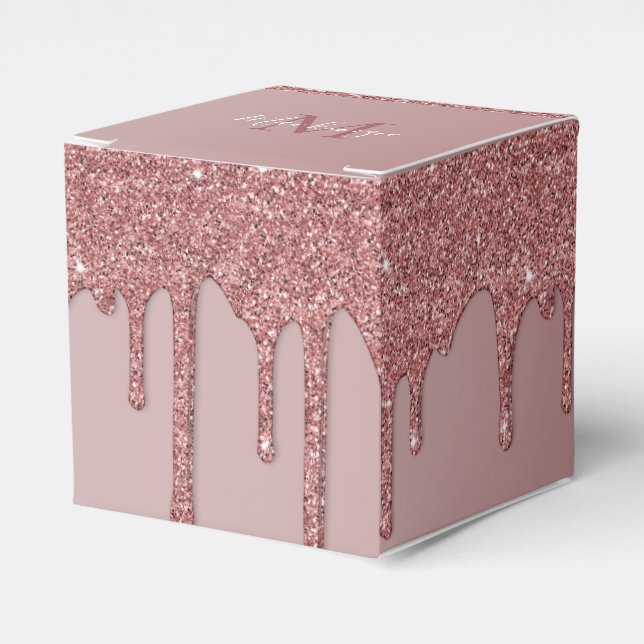 Girly Rose Gold Sparkle Glitter Drips Monogram Favor Boxes (Front Side)
