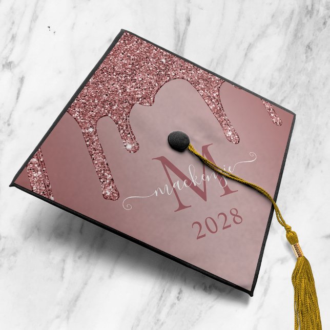 Girly Rose Gold Sparkle Glitter Drips Monogram Graduation Cap Topper (Creator Uploaded)