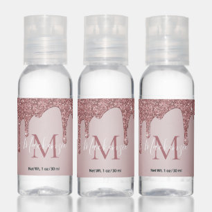 Girly Rose Gold Sparkle Glitter Drips Monogram Hand Sanitizer