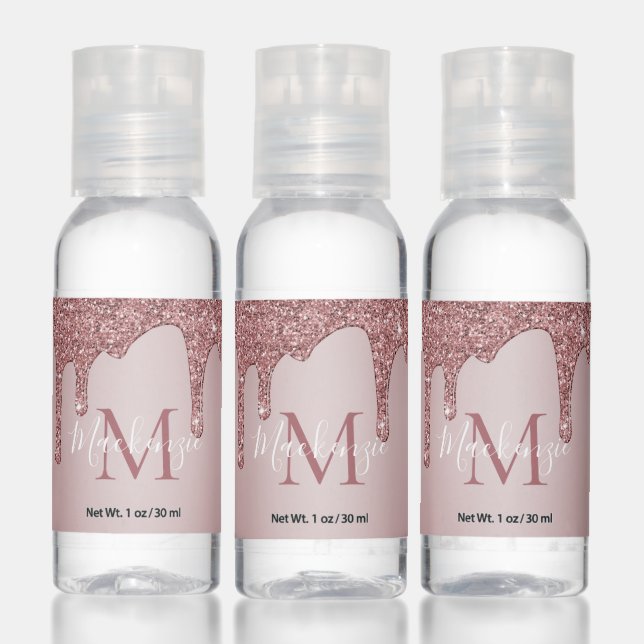 Girly Rose Gold Sparkle Glitter Drips Monogram Hand Sanitizer (Set)