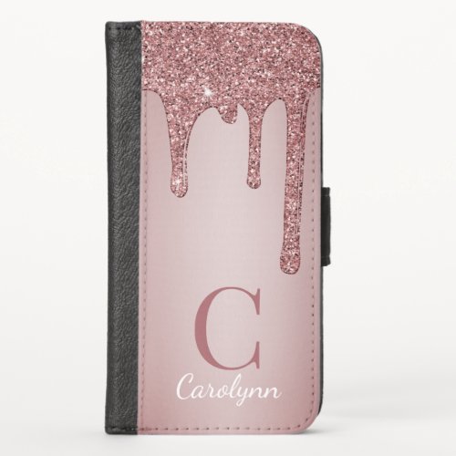 Girly Rose Gold Sparkle Glitter Drips Monogram iPhone X Wallet Case