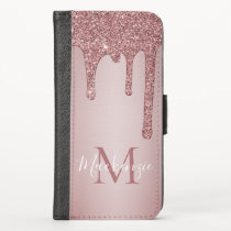 Girly Rose Gold Sparkle Glitter Drips Monogram iPhone X Wallet Case Girly Rose Gold Sparkle Glitter Drips Monogram iPhone X Wallet Case