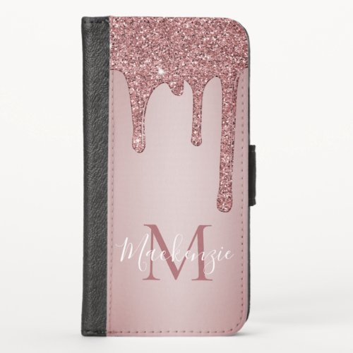Girly Rose Gold Sparkle Glitter Drips Monogram iPhone X Wallet Case