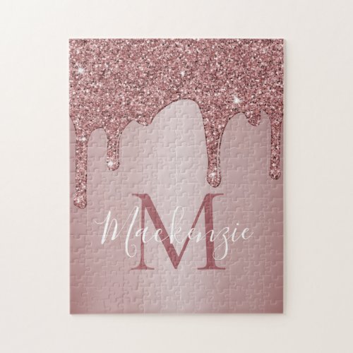 Girly Rose Gold Sparkle Glitter Drips Monogram Jigsaw Puzzle