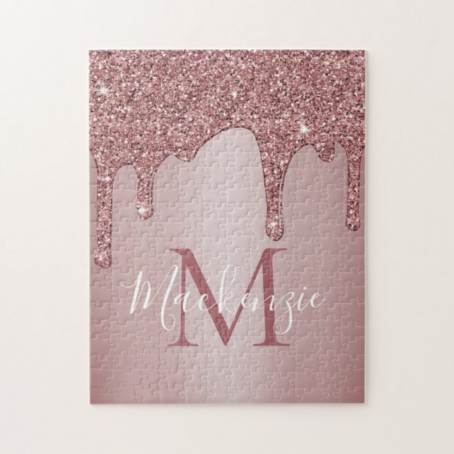 Girly Rose Gold Sparkle Glitter Drips Monogram Jigsaw Puzzle (Vertical)