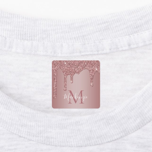Girly Rose Gold Sparkle Glitter Drips Monogram Kids' Labels (Affixed)
