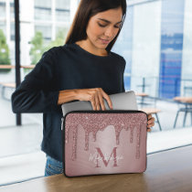 Girly Rose Gold Sparkle Glitter Drips Monogram Laptop Sleeve