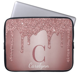 Girly Rose Gold Sparkle Glitter Drips Monogram Laptop Sleeve