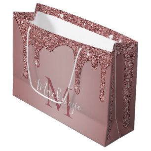 Girly Rose Gold Sparkle Glitter Drips Monogram Large Gift Bag