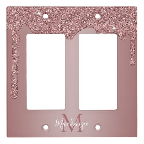 Girly Rose Gold Sparkle Glitter Drips Monogram Light Switch Cover