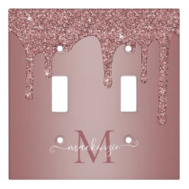 Girly Rose Gold Sparkle Glitter Drips Monogram Light Switch Cover