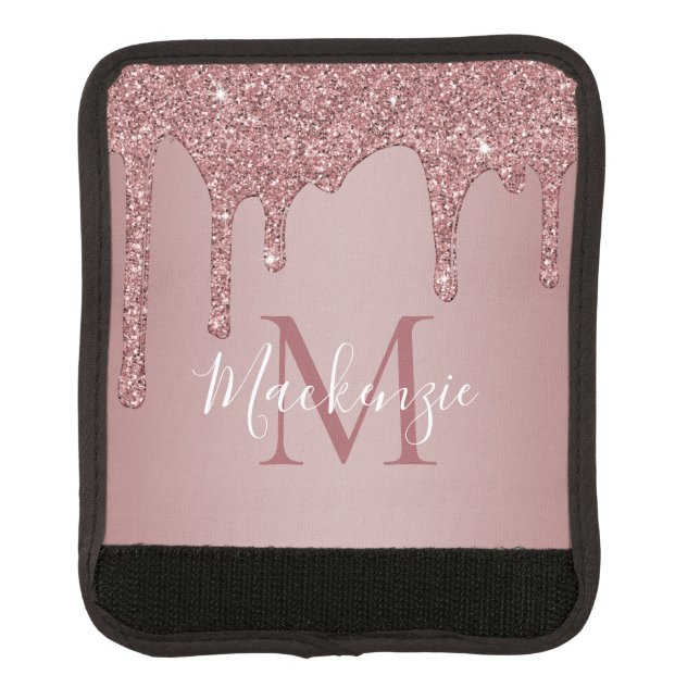 Girly Rose Gold Sparkle Glitter Drips Monogram Luggage Handle Wrap (Front)