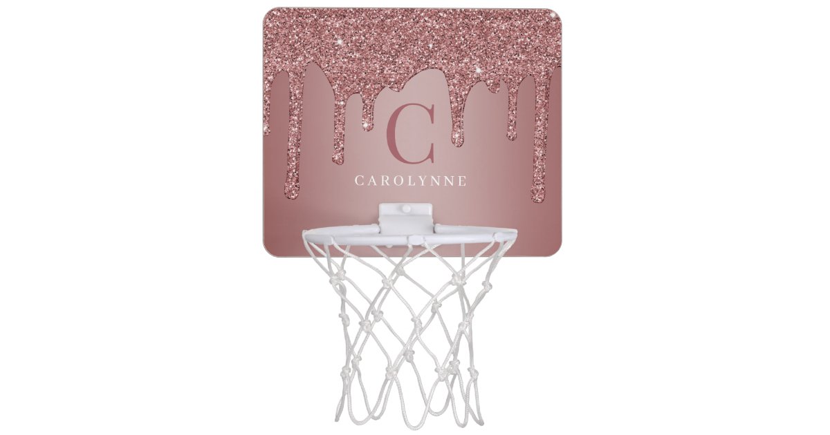 Girly Rose Gold Sparkle Glitter Drips Monogram Mini Basketball