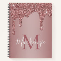 Girly Rose Gold Sparkle Glitter Drips Monogram Notebook