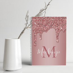 Girly Rose Gold Sparkle Glitter Drips Monogram Notebook