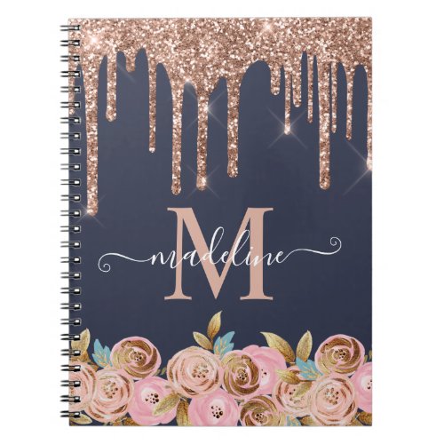 Girly Rose Gold Sparkle Glitter Drips Monogram Notebook