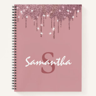 Girly Rose Gold Sparkle Glitter Drips Monogram Notebook