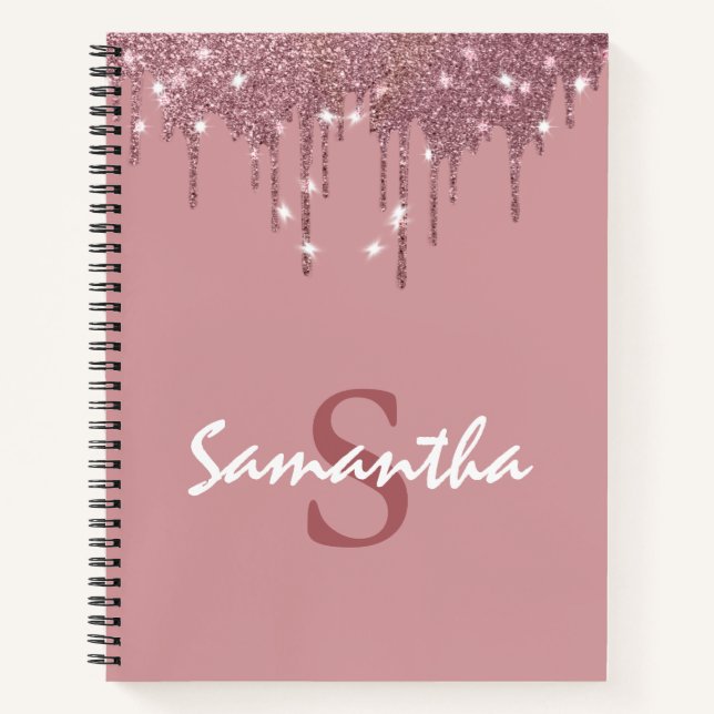 Girly Rose Gold Sparkle Glitter Drips Monogram  Notebook (Front)