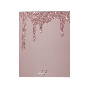 Girly Rose Gold Sparkle Glitter Drips Monogram Notepad