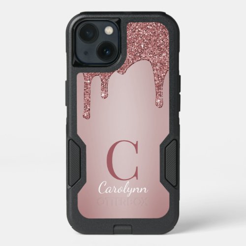 Girly Rose Gold Sparkle Glitter Drips Monogram iPhone 13 Case