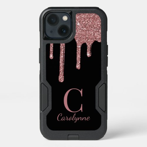 Girly Rose Gold Sparkle Glitter Drips Monogram iPhone 13 Case