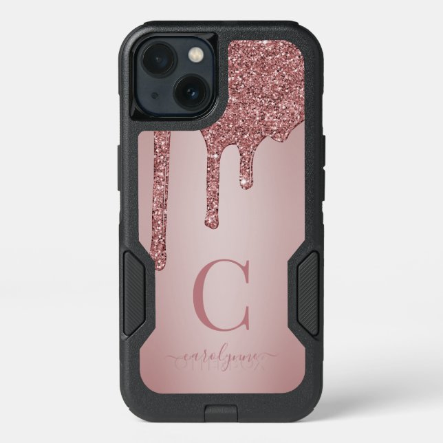 Girly Rose Gold Sparkle Glitter Drips Monogram Otterbox iPhone Case (Back)