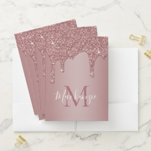 Girly Rose Gold Sparkle Glitter Drips Monogram Pocket Folder