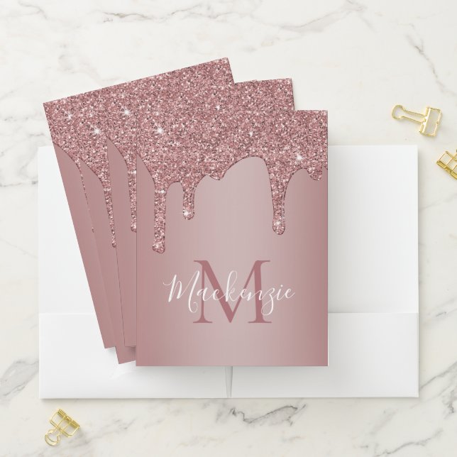 Girly Rose Gold Sparkle Glitter Drips Monogram Pocket Folder (In Situ)