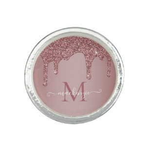 Girly Rose Gold Sparkle Glitter Drips Monogram Ring