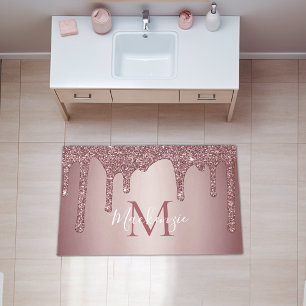 Girly Rose Gold Sparkle Glitter Drips Monogram Rug