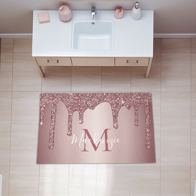 Girly Rose Gold Sparkle Glitter Drips Monogram Rug (Rose Gold Glitter Drips Area Rug)