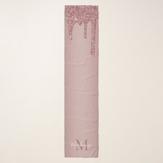 Girly Rose Gold Sparkle Glitter Drips Monogram Scarf (Front)