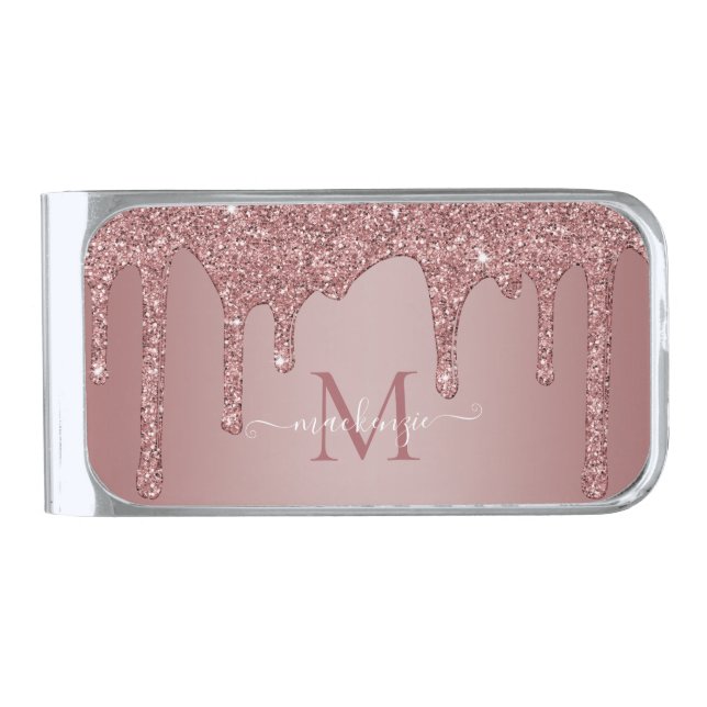 Girly Rose Gold Sparkle Glitter Drips Monogram Silver Finish Money Clip (Front)
