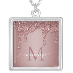 Girly Rose Gold Sparkle Glitter Drips Monogram Silver Plated Necklace