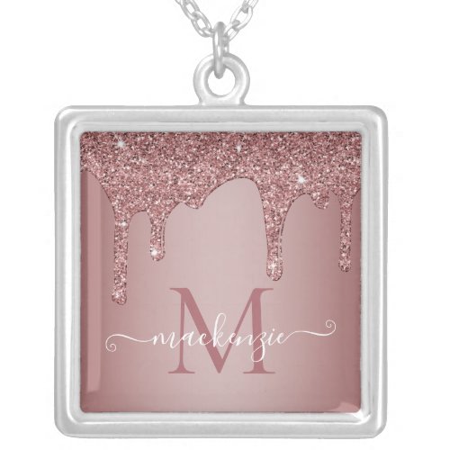 Girly Rose Gold Sparkle Glitter Drips Monogram Silver Plated Necklace