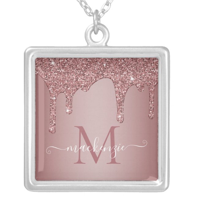 Girly Rose Gold Sparkle Glitter Drips Monogram Silver Plated Necklace (Front)