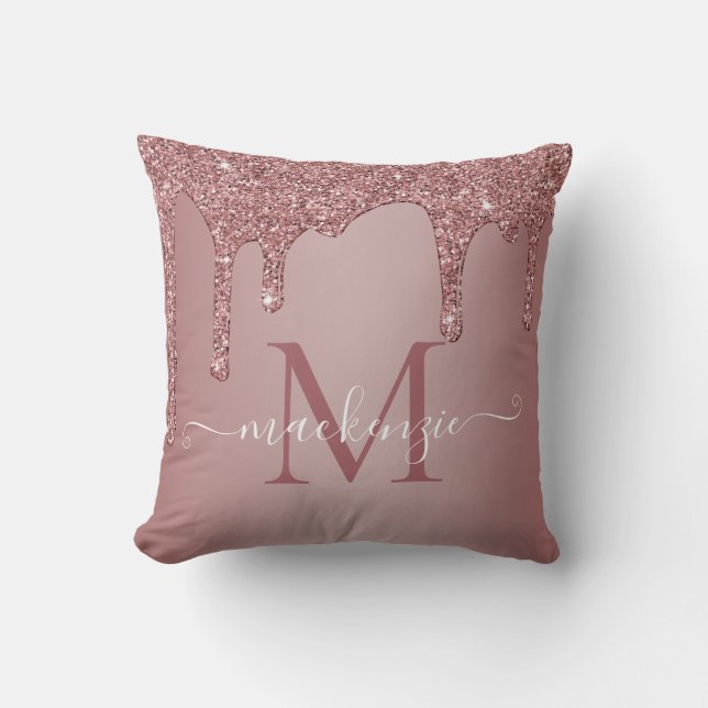 Girly Rose Gold Sparkle Glitter Drips Monogram Throw Pillow (Front)